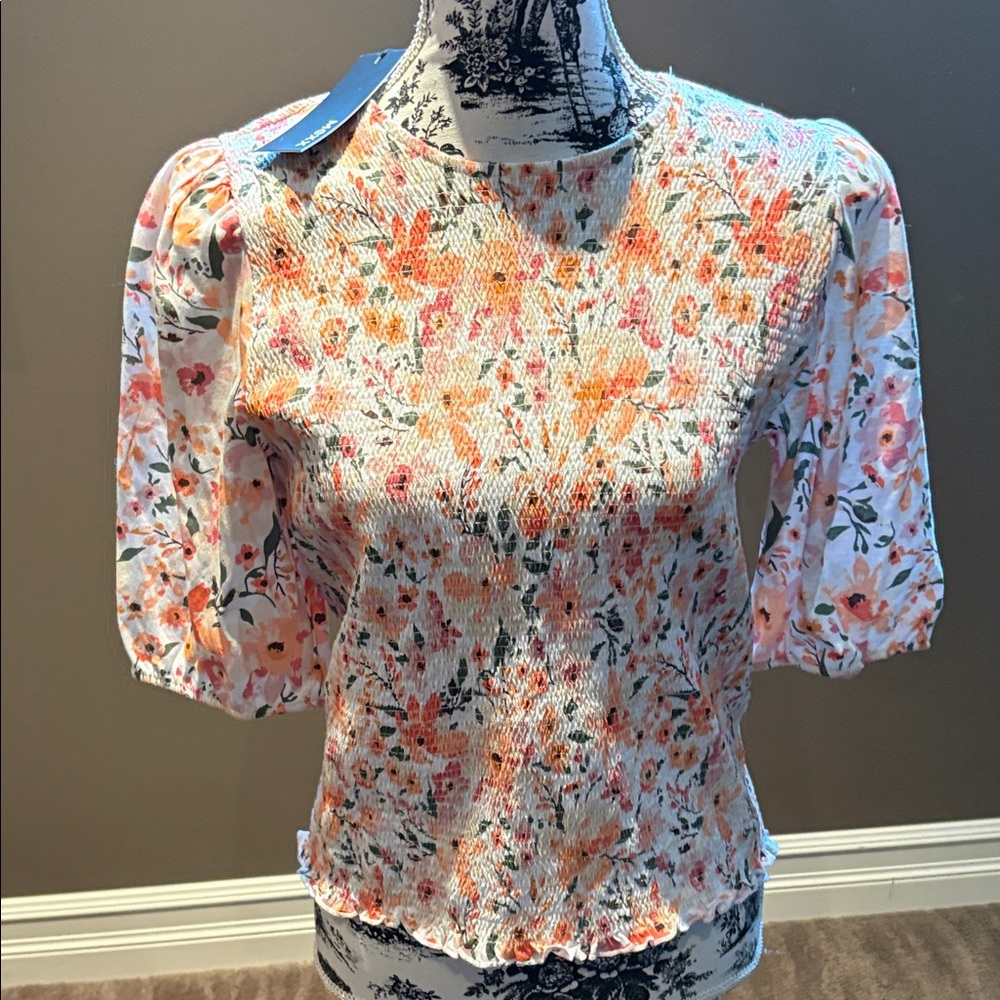 Mexx White Floral Smocked Top with Orange and Pink Blooms